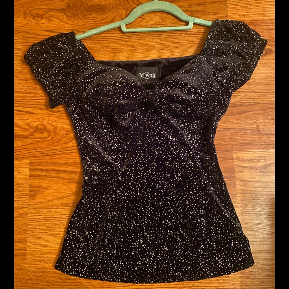 Black Velvet Cap Sleeve Pin Up Collectif Dolores Glitter Drops Top retro blouse